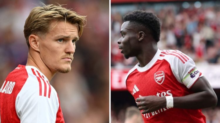 A split image featuring Martin Odegaard looking on during a match alongside Bukayo Saka during Arsenal vs Leeds