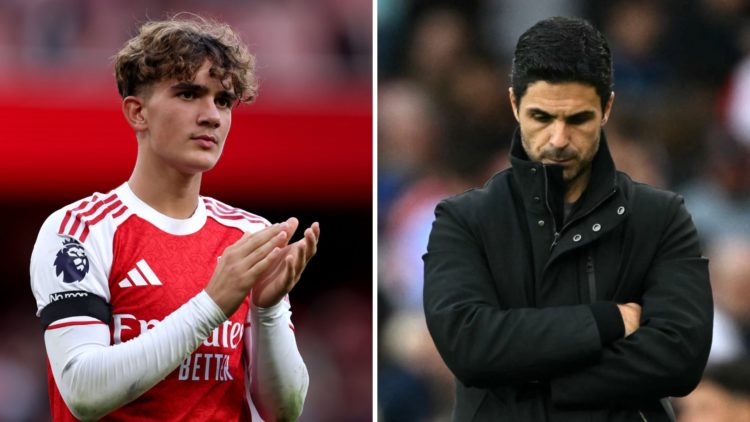 A split image featuring Max Dowman during an Arsenal game alongside manager Mikel Arteta