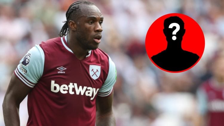 Michail Antonio looks on during a West Ham game alongside a mystery player inset