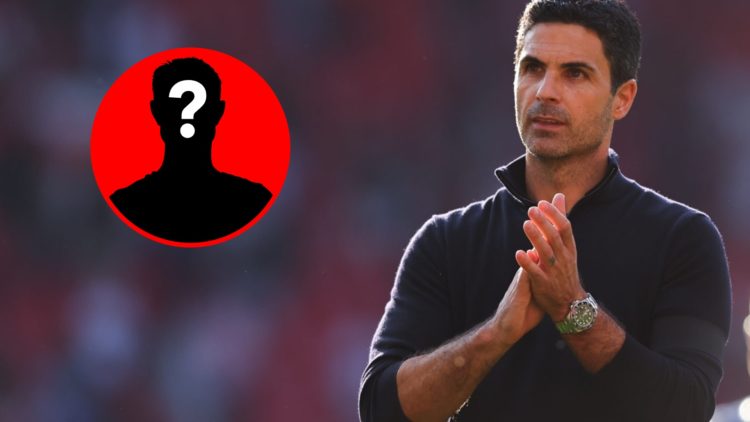 An image of Mikel Arteta applauding after an Arsenal game alongside a mystery player inset