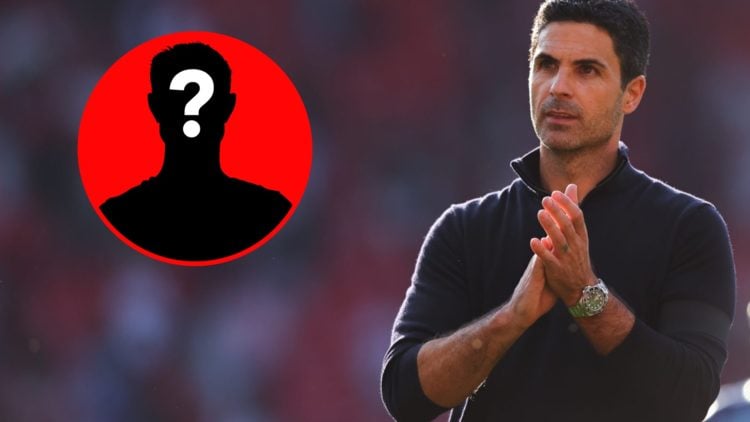Mikel Arteta looks on after an Arsenal match alongside a mystery player inset