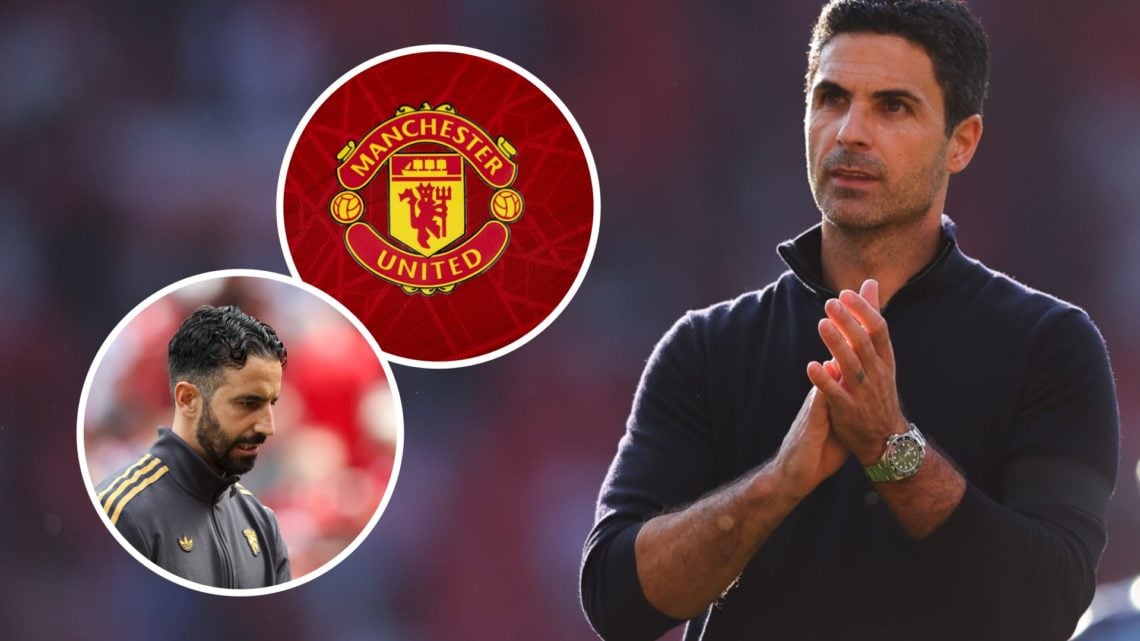 Mikel Arteta applauds after an Arsenal match alongside an inset of Ruben Amorim and a Manchester United badge