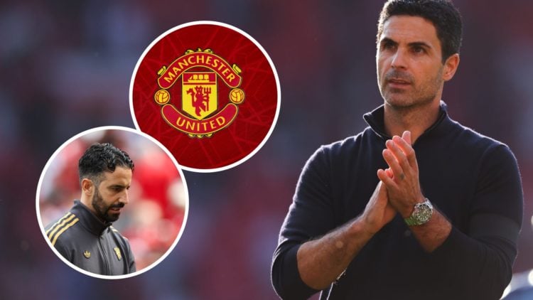 Mikel Arteta applauds after an Arsenal match alongside an inset of Ruben Amorim and a Manchester United badge