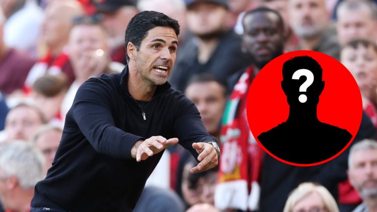Mikel Arteta looks on during Liverpool vs Arsenal alongside a mystery player inset