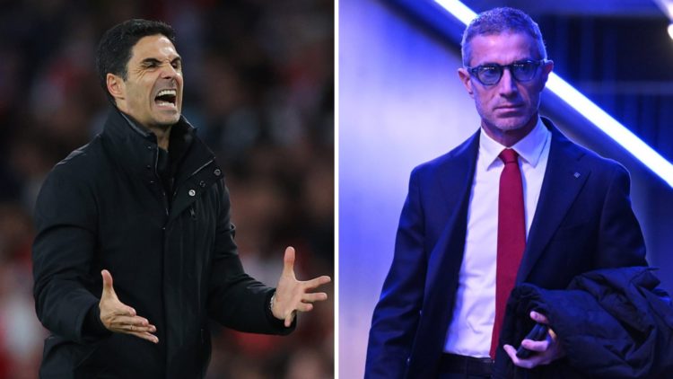 A split image featuring Mikel Arteta reacting alongside Andrea Berta