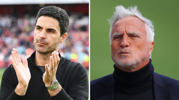 A split image featuring Mikel Arteta applauding alongside former Tottenham star David Ginola