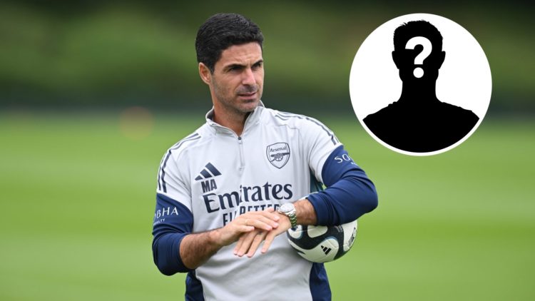 Arsenal manager Mikel Arteta during a training session at Sobha Realty Training Centre, with mystery player inset.