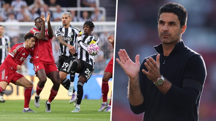 Curtis Jones of Liverpool, Ibrahima Konate of Liverpool, Bruno Guimaraes of Newcastle United, Anthony Elanga of Newcastle United and Ryan Gravenber...