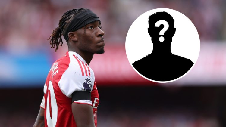 Noni Madueke of Arsenal during the Premier League match between Arsenal and Leeds United at Emirates Stadium, with mystery player inset.