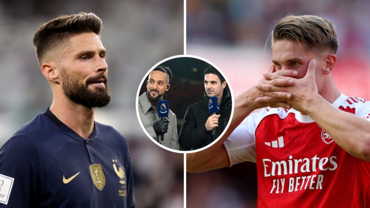 Split image of Olivier Giroud and Viktor Gyokeres with inset of Theo Walcott Mikel Arteta