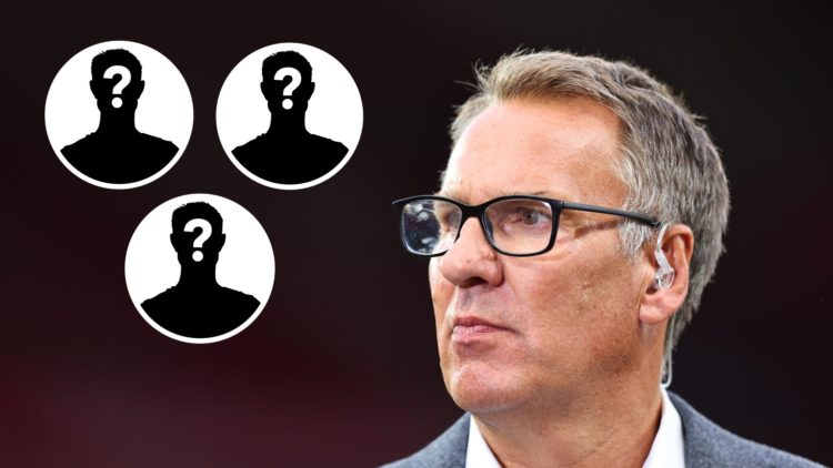 Paul Merson working for Sky Sports TV during the Premier League match between Manchester United and Arsenal FC, with three mystery player insets.