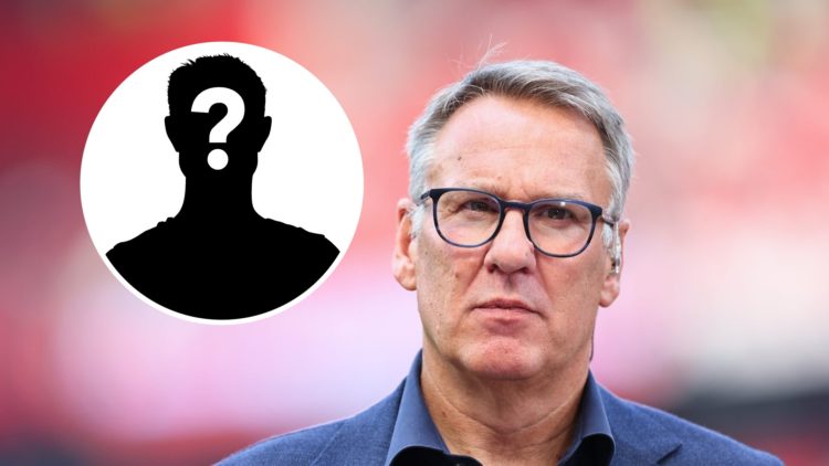 Paul Merson working as a pundit for Sky Sports ahead of the Premier League match between Manchester United and Arsenal FC, with mystery player inset.
