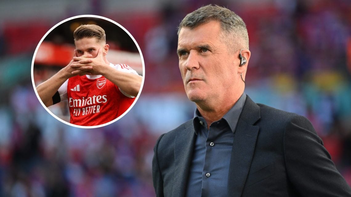 A split image featuring Roy Keane looking on before a match along with Viktor Gyokeres celebrating for Arsenal