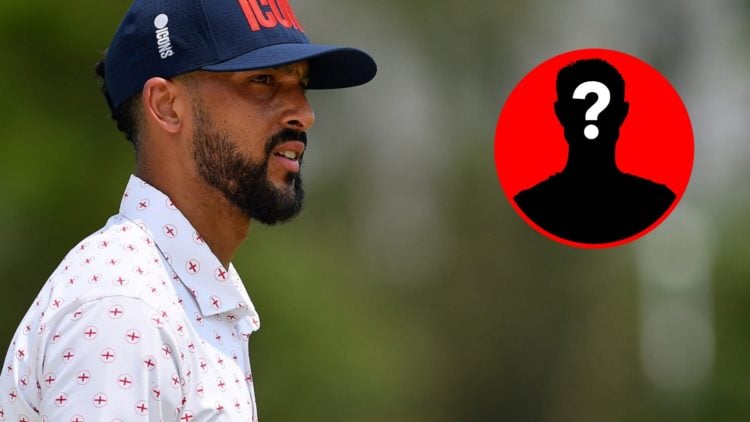 Theo Walcott looks on during a golfing event alongside a mystery player inset