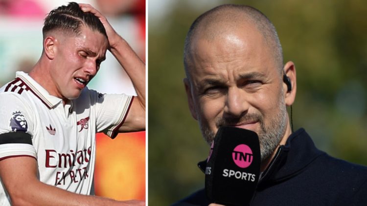 A split image featuring Viktor Gyokeres reacting during an Arsenal game alongside Joe Cole for TNT Sports