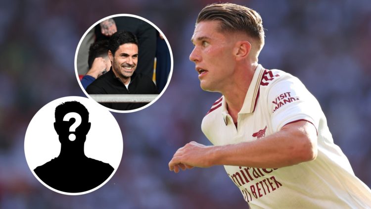 Viktor Gyokeres with inset of Mikel Arteta and mystery silhouette