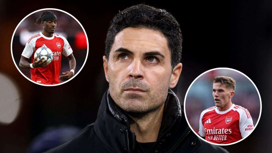Image of Mikel Arteta, Manager of Arsenal, looks on prior to the Premier League match between Crystal Palace FC and Arsenal, Insets of Noni Madueke...
