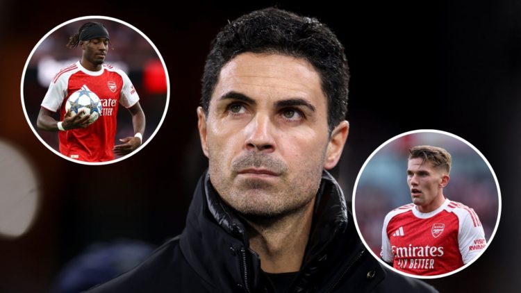 Image of Mikel Arteta, Manager of Arsenal, looks on prior to the Premier League match between Crystal Palace FC and Arsenal, Insets of Noni Madueke...