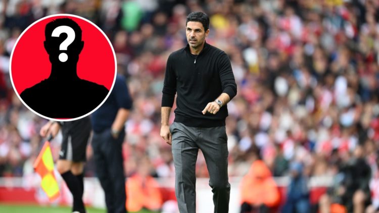 Image of Mikel Arteta, Manager of Arsenal, looks on during the Premier League match between Arsenal and Nottingham Forest, Inset of a mystery player
