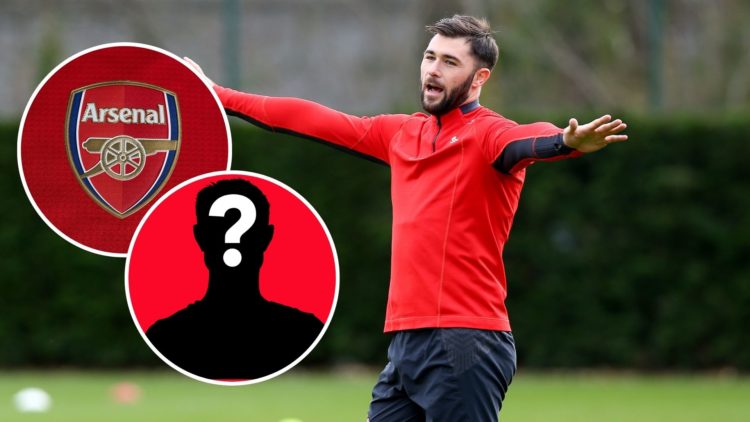 Image of Charlie Austin during a Southampton FC training session at the Staplewood Campus, insets of A detailed view of the badge of Arsenal FC, a ...