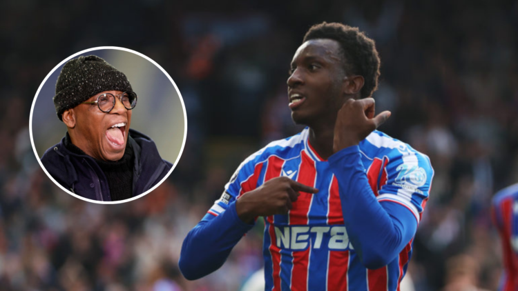 Image Eddie Nketiah celebrating vs Liverpool, with an inset of Ian Wright laughing