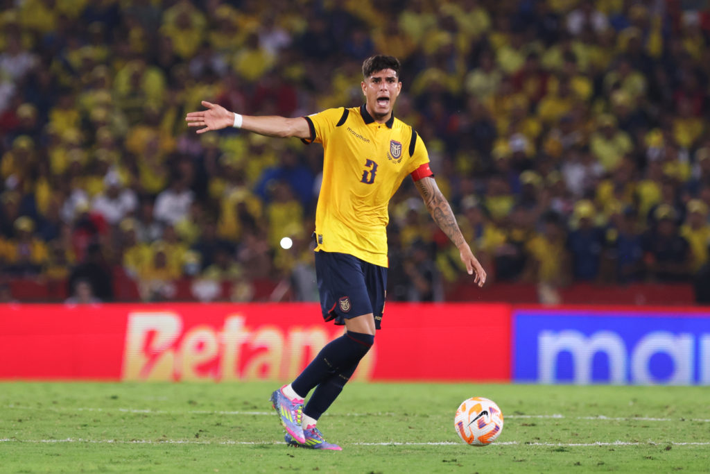 Piero Hincapié of Ecuador reacts during the FIFA World Cup 2026 Qualifier match between Ecuador and Brazil at Estadio Monumental Isidro Romero Carbo on June 05, 2025