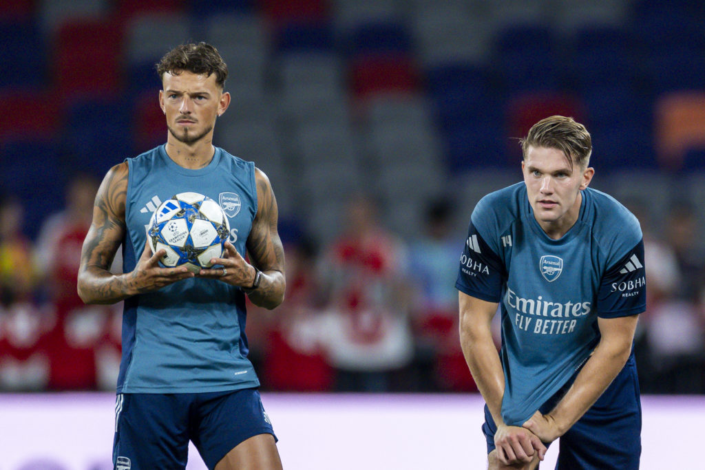 Ben White and Viktor Gyokeres look on during an Arsenal Open Training Session: during their Pre-Season Tour