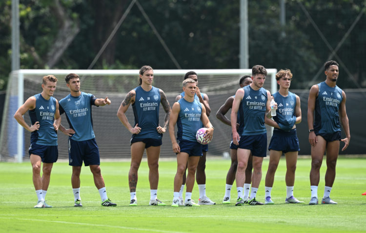 L-R Martin Odegaard, Martin Zubimendi, Riccardo Calafiori, Leandro Trossard, Declan Rice, Max Dowman and William Saliba of Arsenal during a training session at the Singapore Sports Hub on July 25, 2025 in Kallang, Singapore. (Photo by Stuart MacFarlane/Arsenal FC via Getty Images
