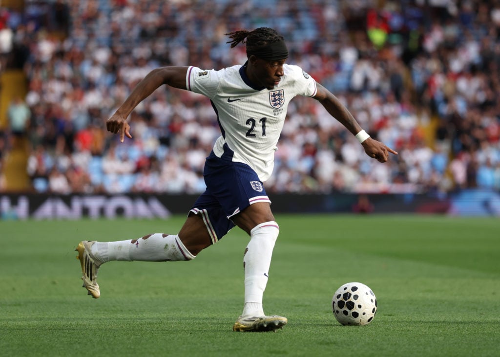 Noni Madueke of England runs with the ball during the FIFA World Cup 2026 qualifier match between England and Andorra at Villa Park on September 06, 2025 in Birmingham, England.