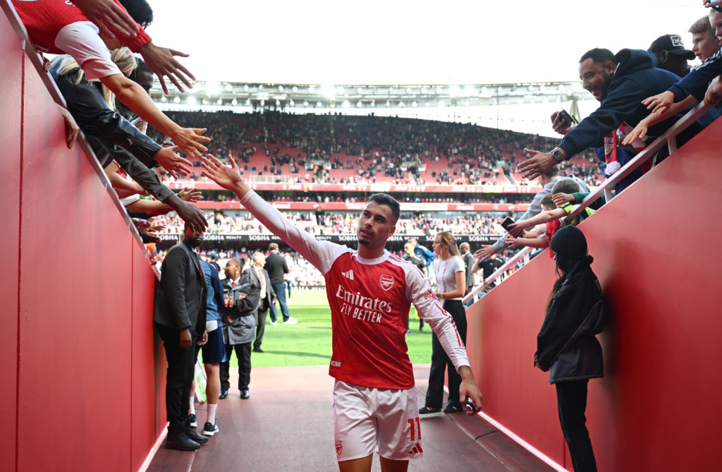 Gabriel Martinelli embraces fans after Arsenal beat Nottingham Forest
