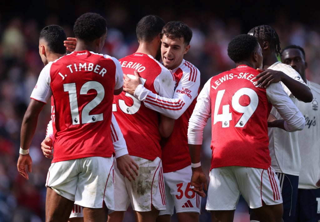 Arsenal players celebrate after beating Nottingham Forest in the Premier League