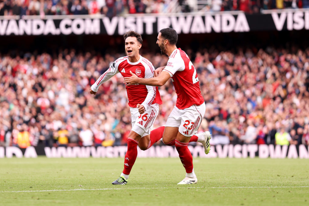 Martin Zubimendi of Arsenal celebrates after scoring his team's first goal during the Premier League match between Arsenal and Nottingham Forest at Emirates Stadium on September 13, 2025