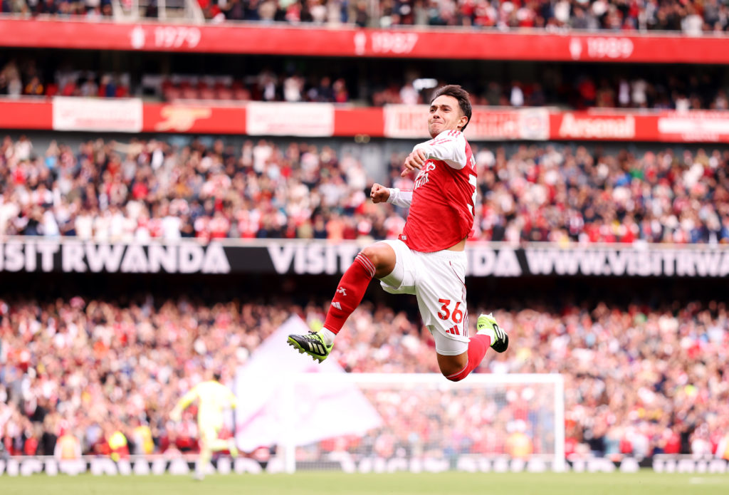 Martin Zubimendi of Arsenal celebrates after scoring his team's first goal during the Premier League match between Arsenal and Nottingham Forest at Emirates Stadium on September 13, 2025