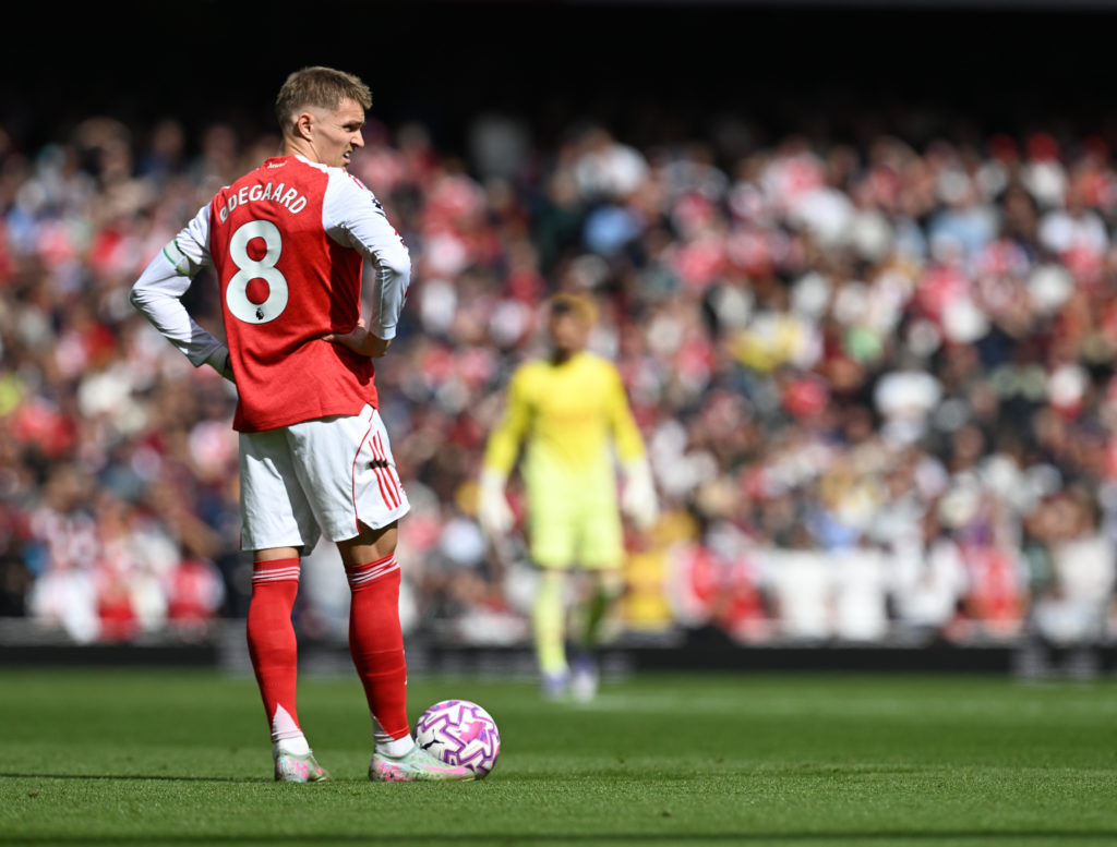 Martin Odegaard looks on with hands on his hips before Arsenal vs Nottingham Forest