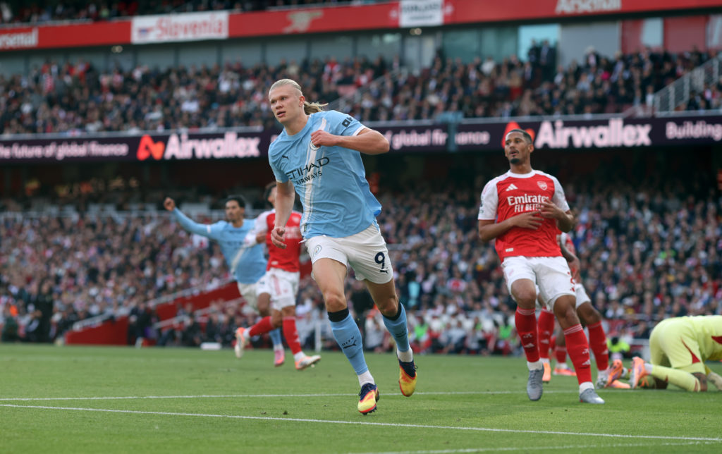 Manchester City star Erling Haaland celebrates after scoring against Arsenal