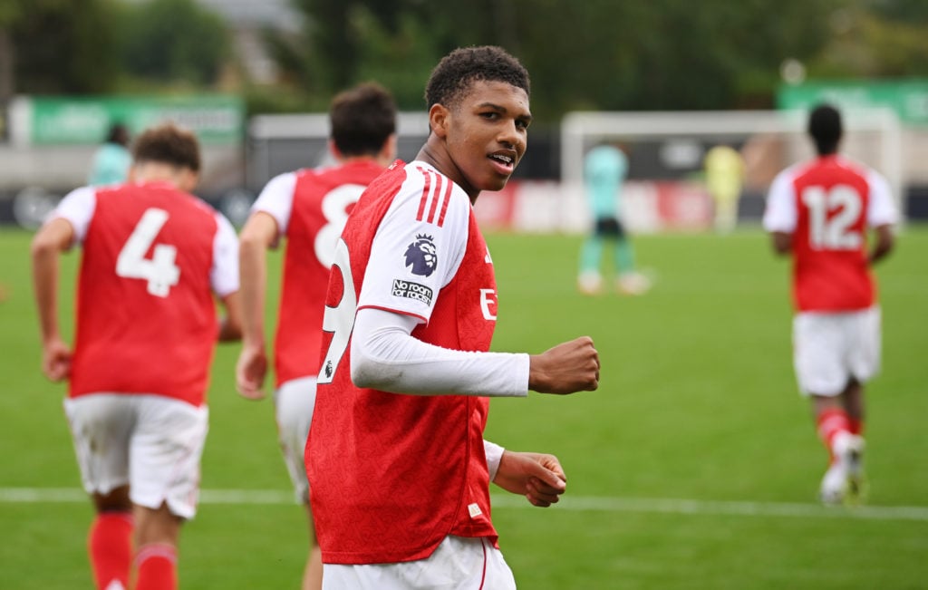 Andre Harriman-Annous celebrates after scoring for Arsenal U21s