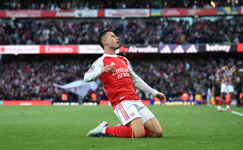 Gabriel Martinelli celebrates after scoring for Arsenal against Manchester City