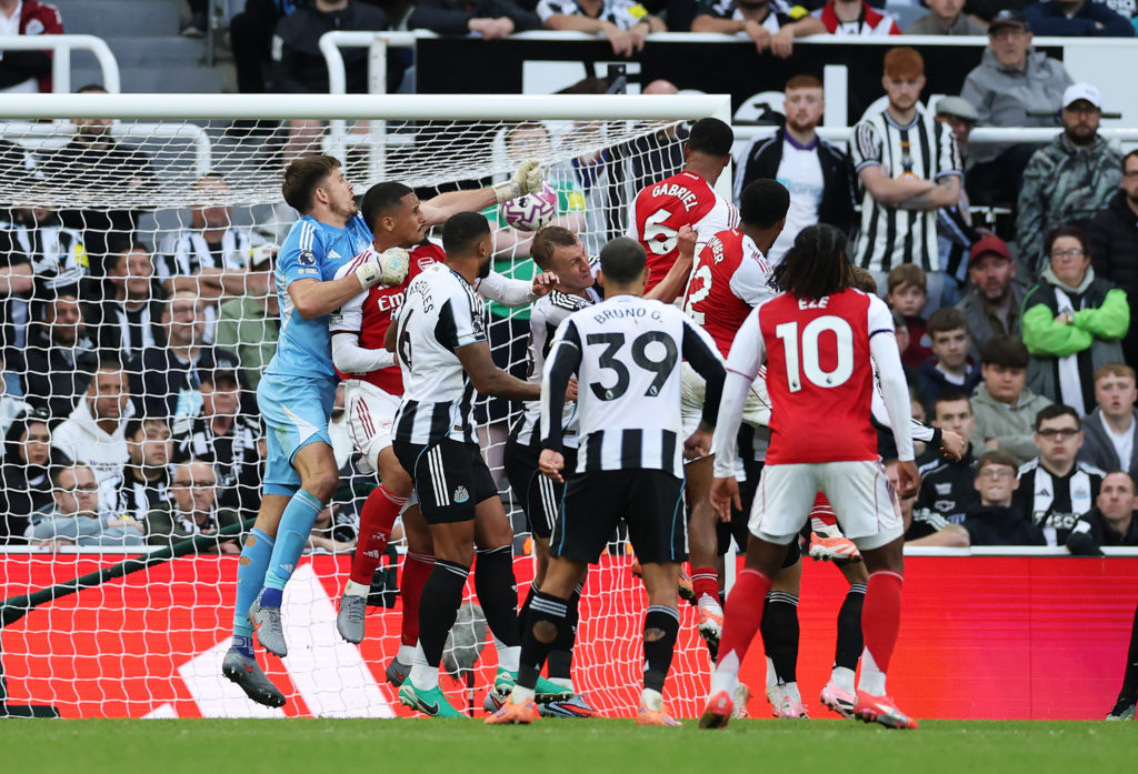 Gabriel Magalhaes scores from a corner during Newcastle United v Arsenal in the Premier League.