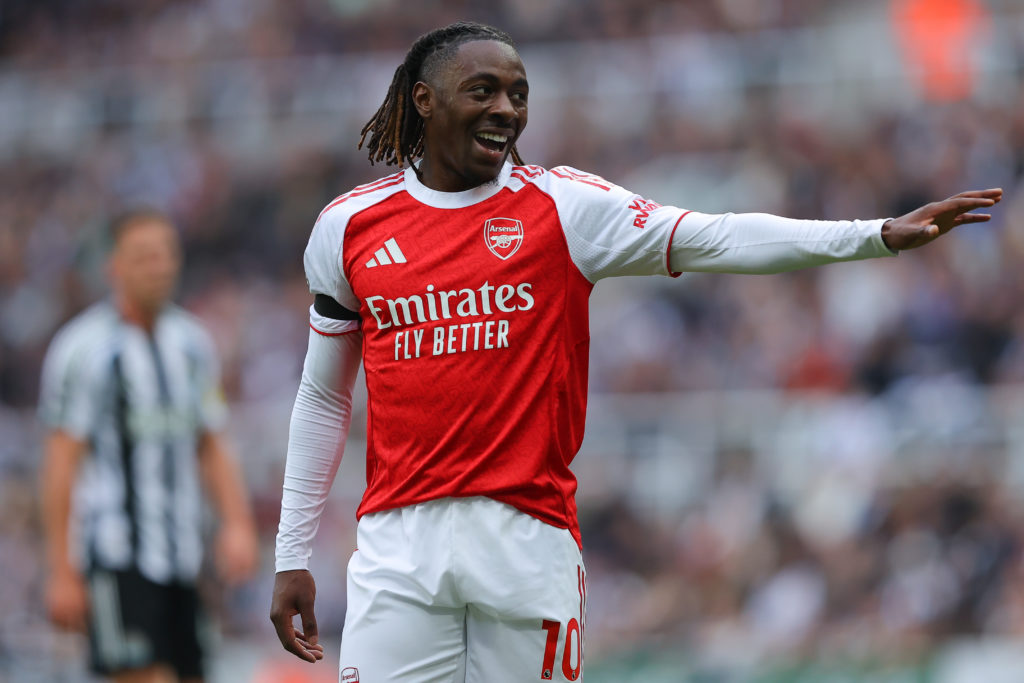 Eberechi Eze gesturing while in action for Arsenal