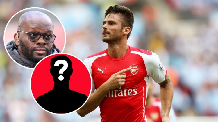 Image of Olivier Giroud of Arsenal points to the badge on his shirt as he celebrates scoring the third goal during the FA Community Shield match be...