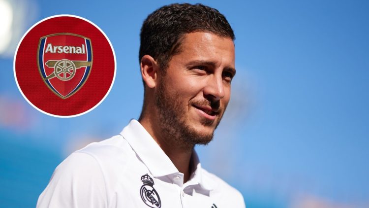 Image of Eden Hazard of Real Madrid looks on during the LaLiga Santander match between Cadiz CF and Real Madrid, inset of A detailed view of the ba...