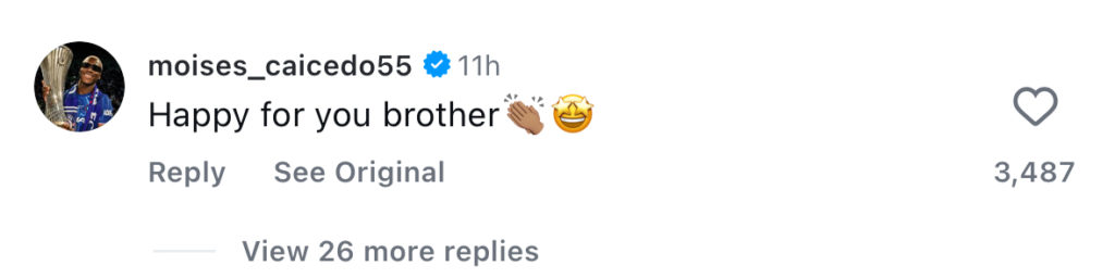 Moises Caicedo reacts to Piero Hincapie's transfer to Arsenal