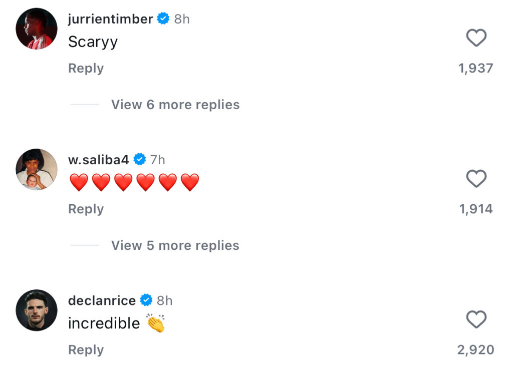 Jurrien Timber, Declan Rice and William Saliba react to Mikel Merino's hat-trick for Spain on Instagram.