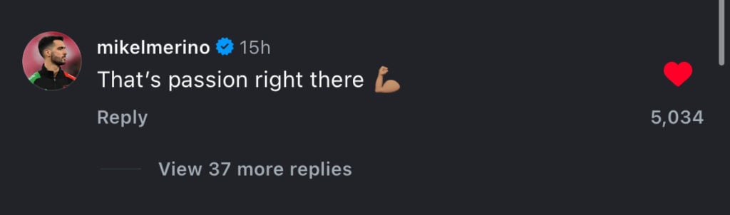 Mikel Merino comments on Eberechi Eze's Instagram post after Arsenal's win against Newcastle United.