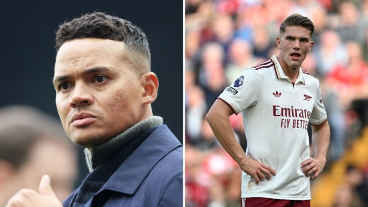 Split Image of Jermaine Jenas looks on as he is seen working for Stadium Astro prior to the Premier League match between Newcastle United FC and Ar...