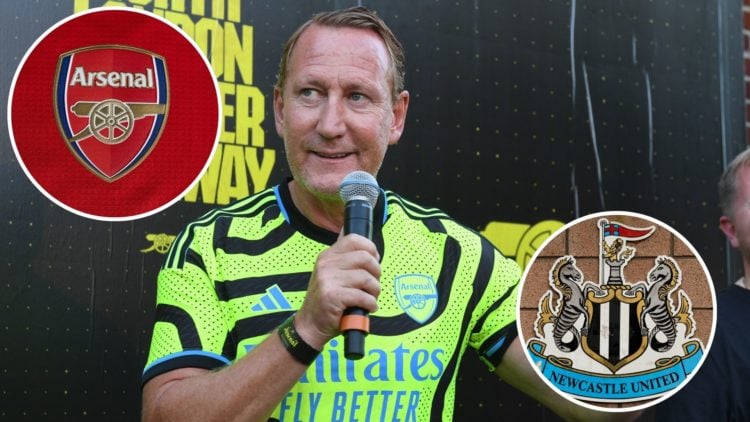 Image of Ray Parlour speaking at an even during an Arsenal Pre-Season Tour, Insets of A detailed view of the badge of Arsenal FC, Detail of the New...