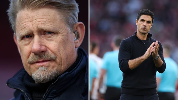 Split Image of Former Manchester United goalkeeper Peter Schmeichel on media duty before the Premier League match between Manchester United FC and ...