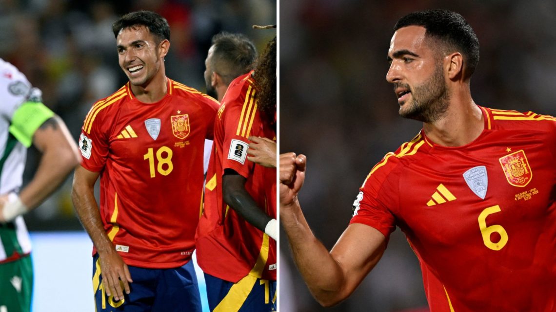 Split Image of Spain's defender #22 Marc Cucurella (R) celebrates with teammates Spain's midfielder #18 Martin Zubimendi and Spain's midfielder #17...