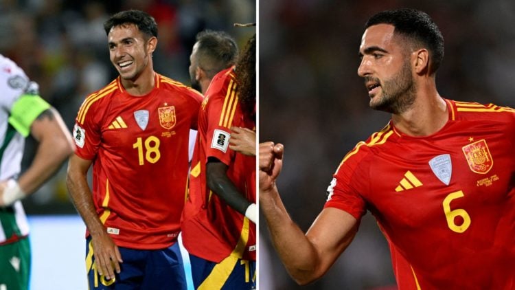 Split Image of Spain's defender #22 Marc Cucurella (R) celebrates with teammates Spain's midfielder #18 Martin Zubimendi and Spain's midfielder #17...