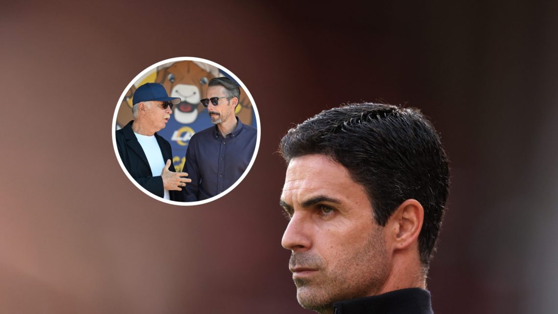 Arsenal manager Mikel Arteta with inset of Stan Kroenke and Josh Kroenke